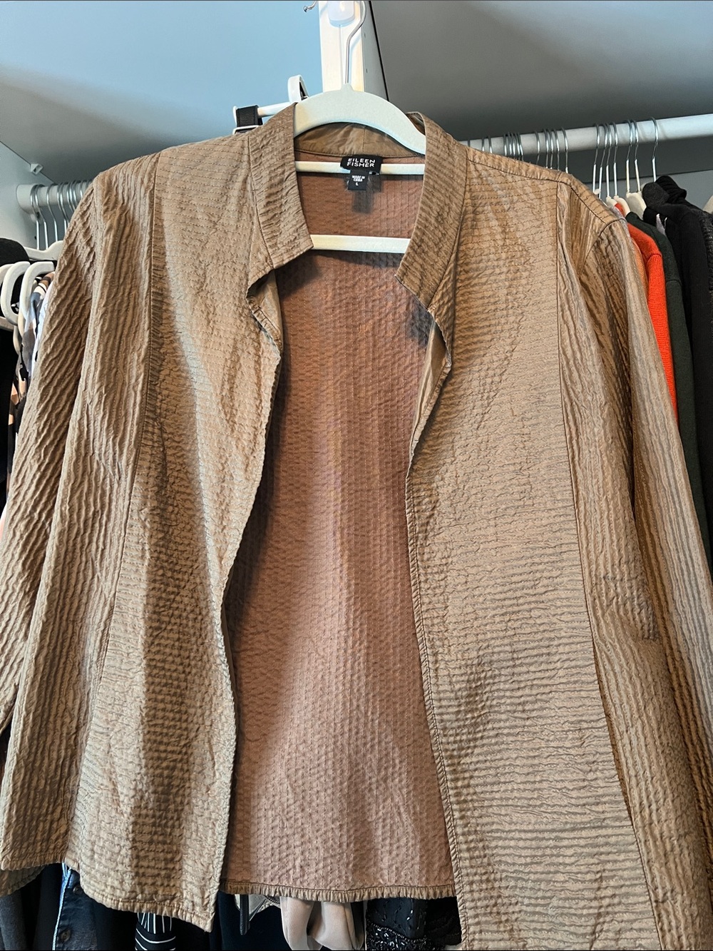 Eileen Fisher Tan Crinkle Open-Front Jacket Large